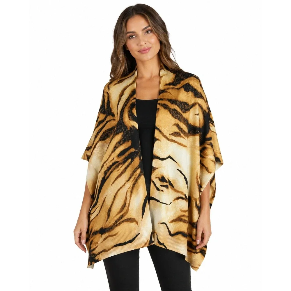 Chico's Tiger Essence Ruana Wrap S/M Animal Print Open Front Cotton Blend New